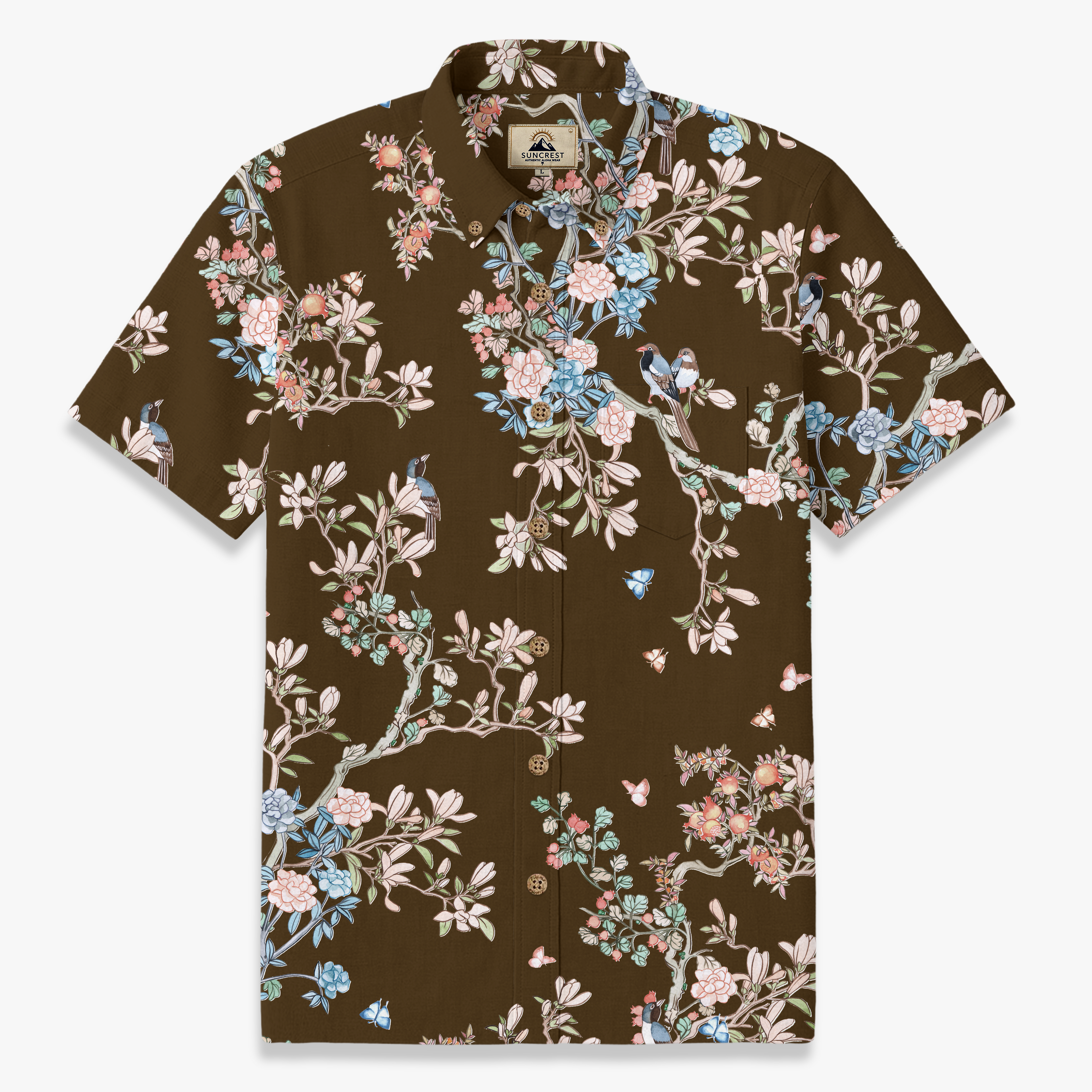 Navy Chinoiserie Bird & Floral Hawaiian Shirt – Hand-Drawn Oriental Aloha Shirt