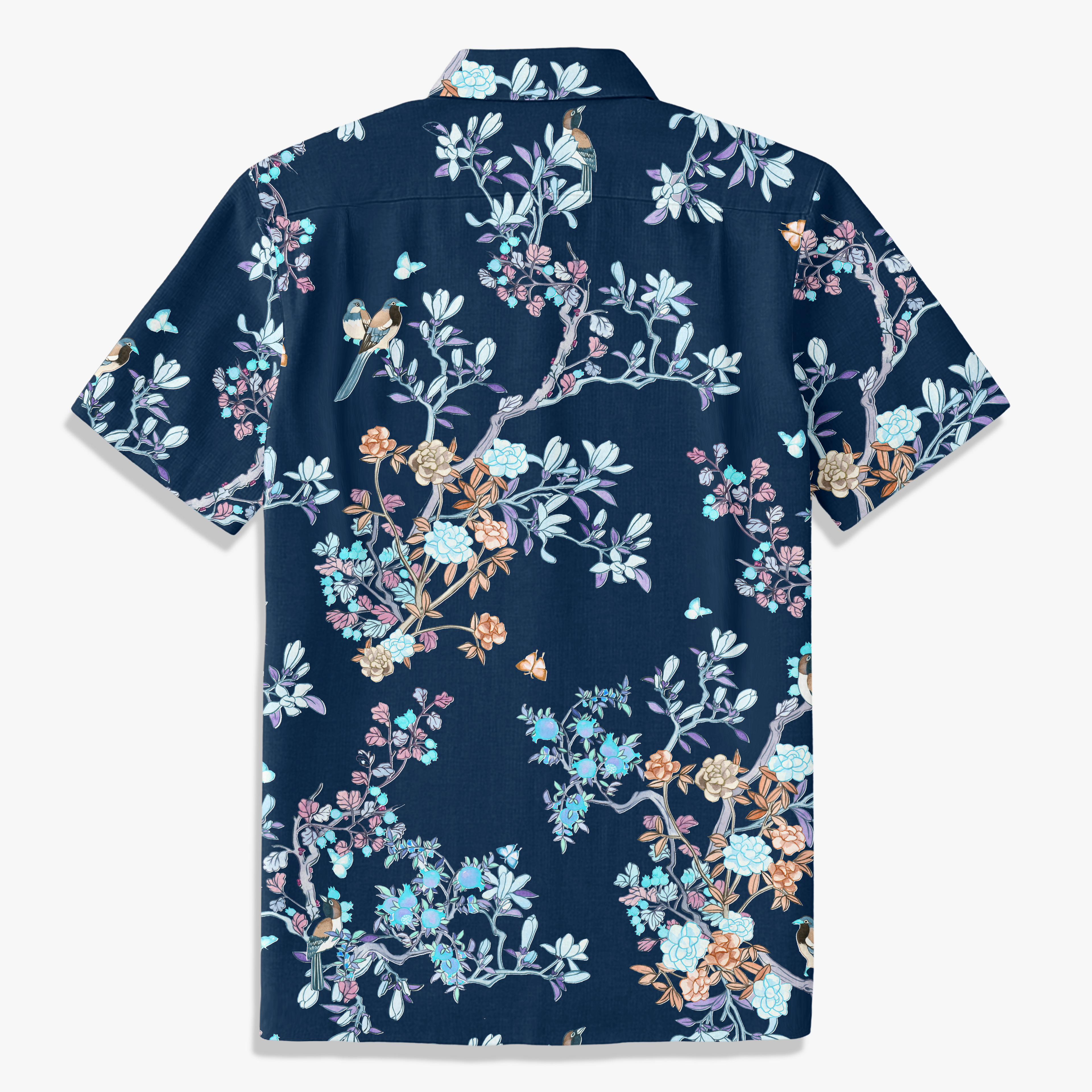 Navy Chinoiserie Bird & Floral Hawaiian Shirt – Hand-Drawn Oriental Aloha Shirt