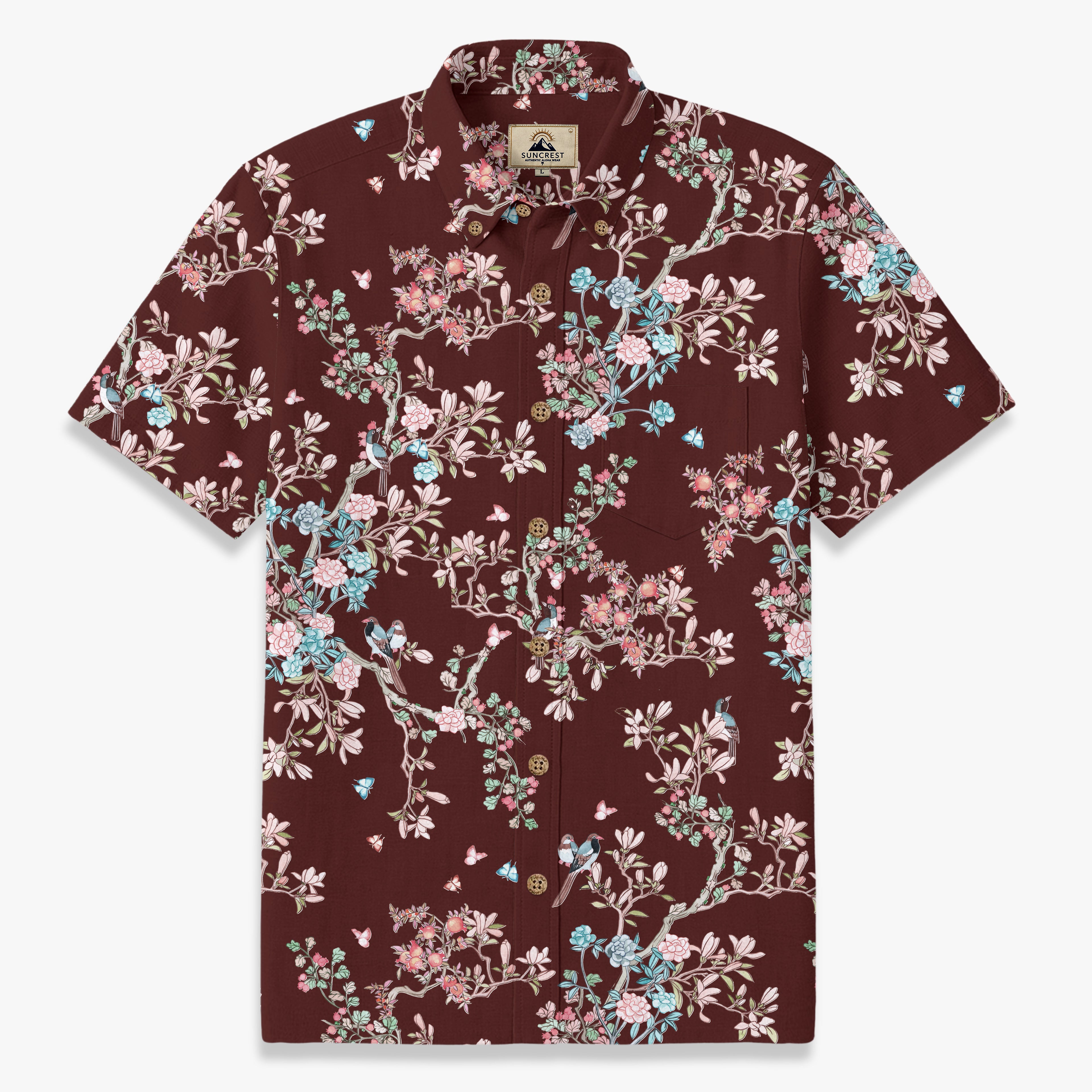 Navy Chinoiserie Bird & Floral Hawaiian Shirt – Hand-Drawn Oriental Aloha Shirt