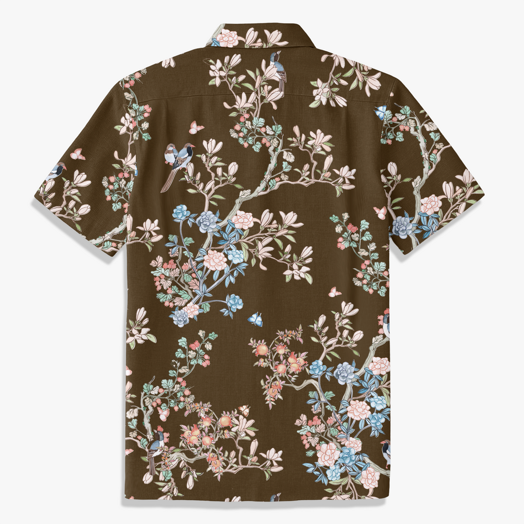 Navy Chinoiserie Bird & Floral Hawaiian Shirt – Hand-Drawn Oriental Aloha Shirt