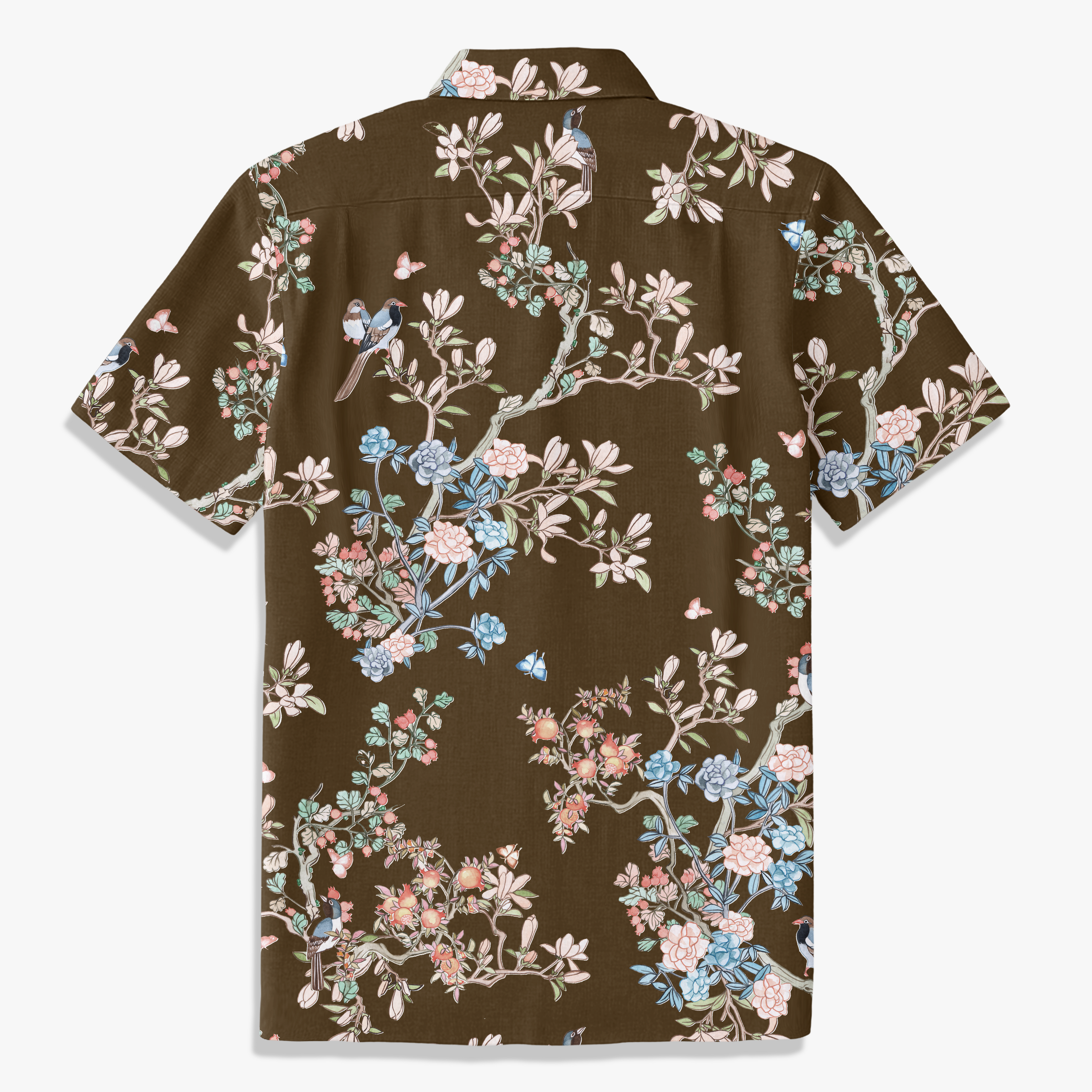 Navy Chinoiserie Bird & Floral Hawaiian Shirt – Hand-Drawn Oriental Aloha Shirt