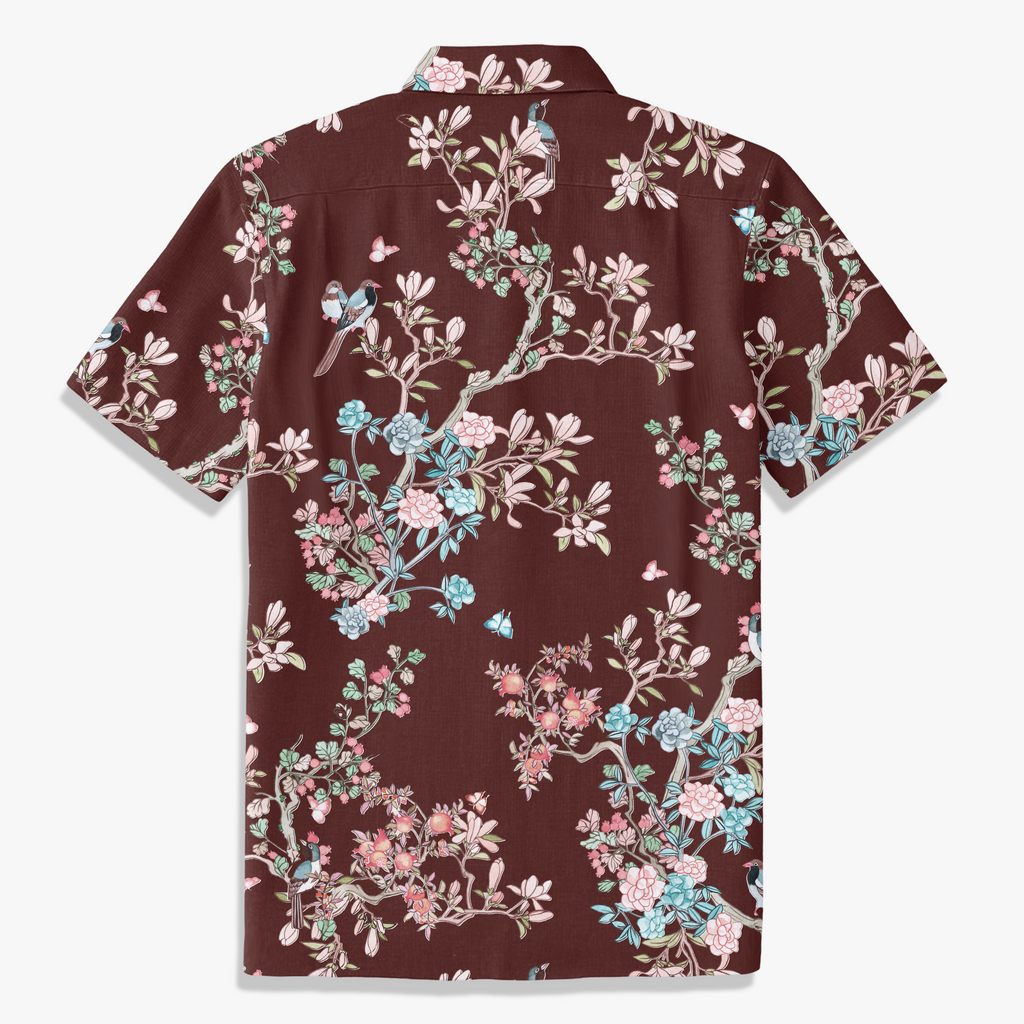 Navy Chinoiserie Bird & Floral Hawaiian Shirt – Hand-Drawn Oriental Aloha Shirt