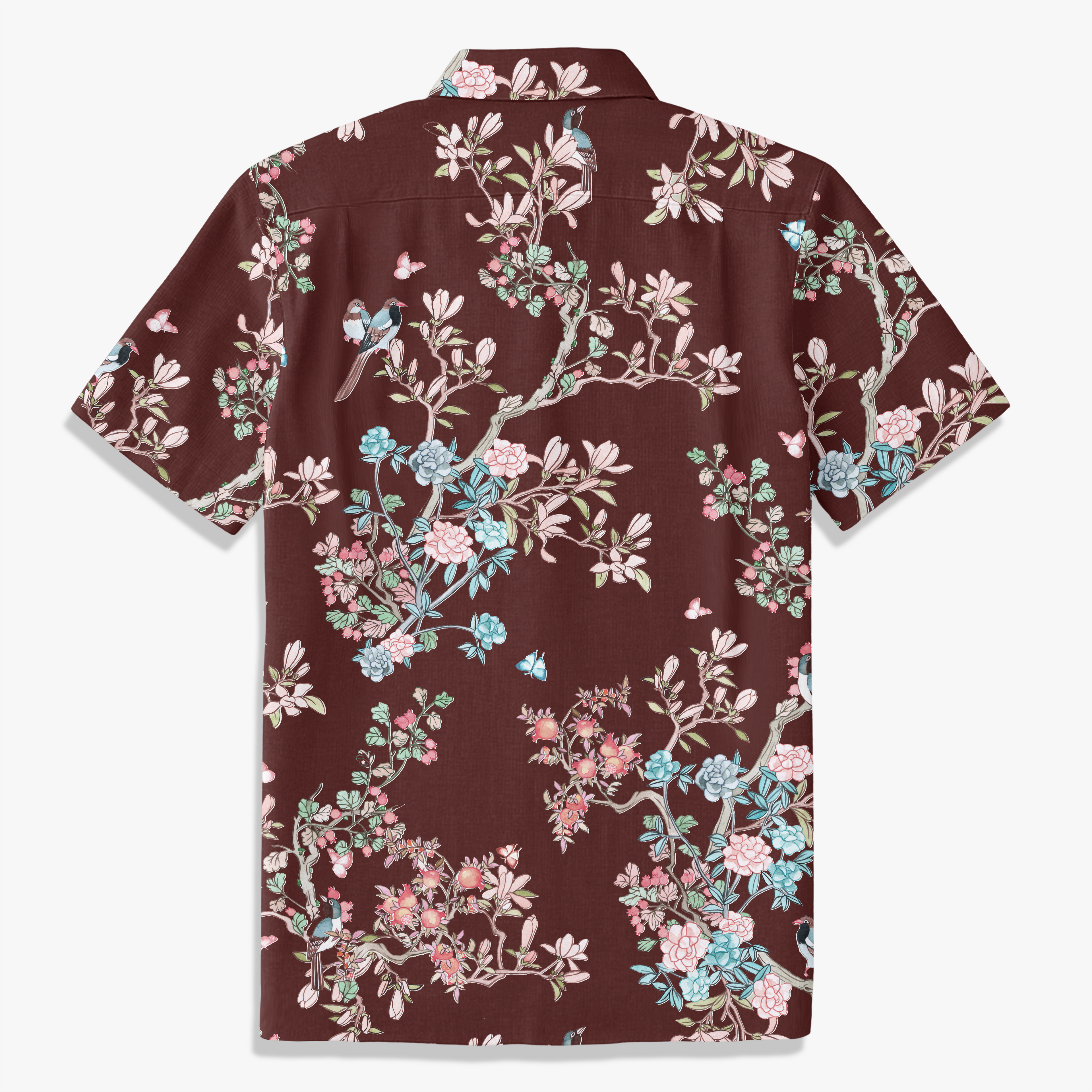 Navy Chinoiserie Bird & Floral Hawaiian Shirt – Hand-Drawn Oriental Aloha Shirt