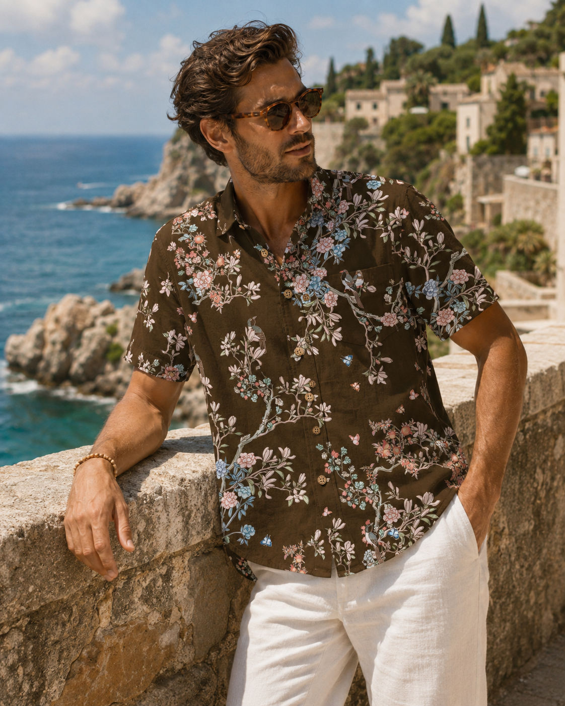 Navy Chinoiserie Bird & Floral Hawaiian Shirt – Hand-Drawn Oriental Aloha Shirt