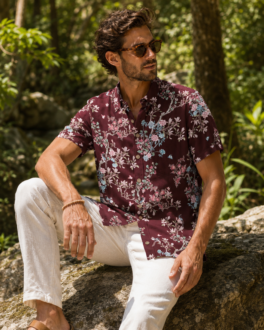 Navy Chinoiserie Bird & Floral Hawaiian Shirt – Hand-Drawn Oriental Aloha Shirt