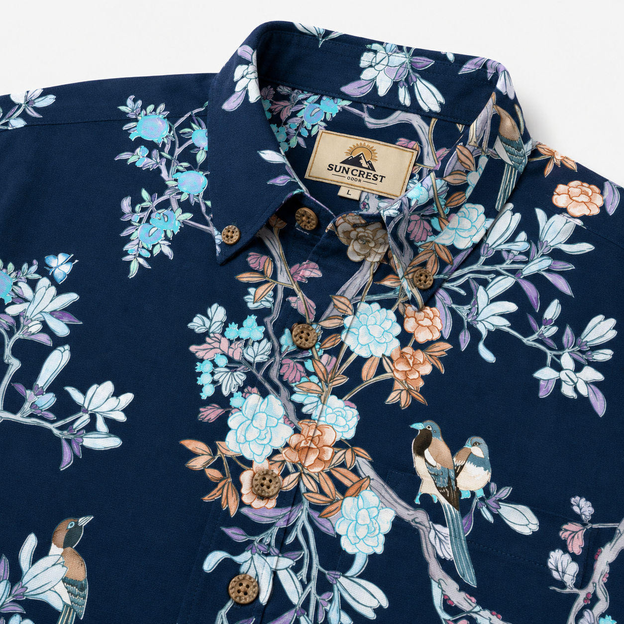 Navy Chinoiserie Bird & Floral Hawaiian Shirt – Hand-Drawn Oriental Aloha Shirt