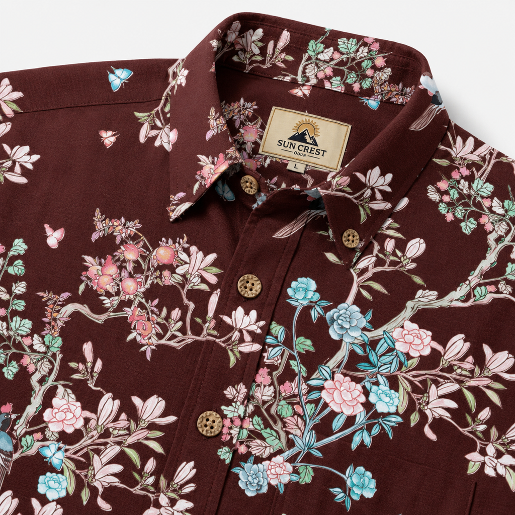 Navy Chinoiserie Bird & Floral Hawaiian Shirt – Hand-Drawn Oriental Aloha Shirt