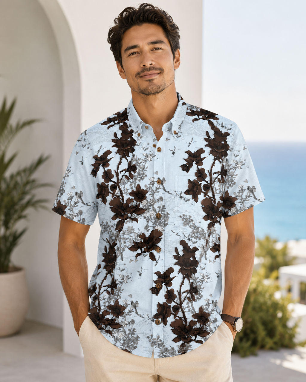 Light Blue Chinoiserie Floral Hawaiian Shirt for Men