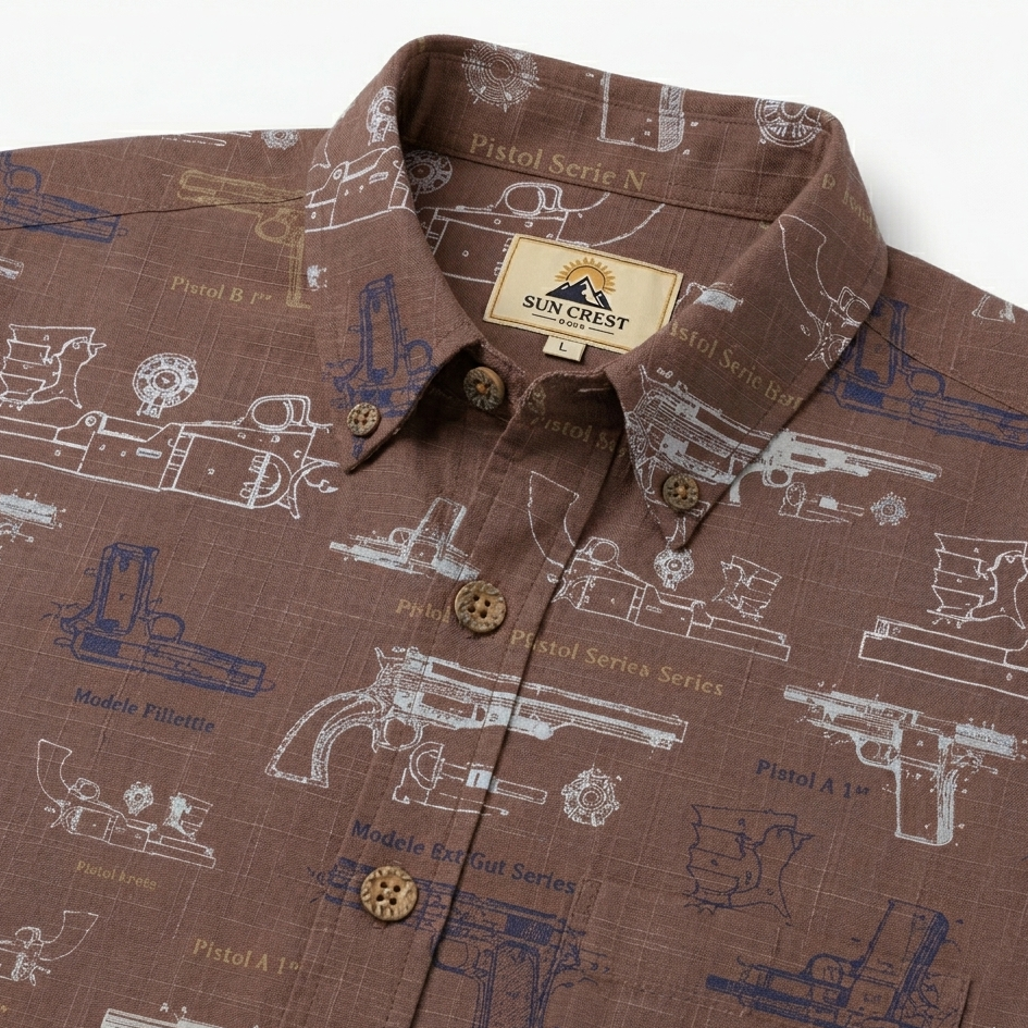 Vintage Firearm Schematic Print Resort Shirt – Indigo Blue