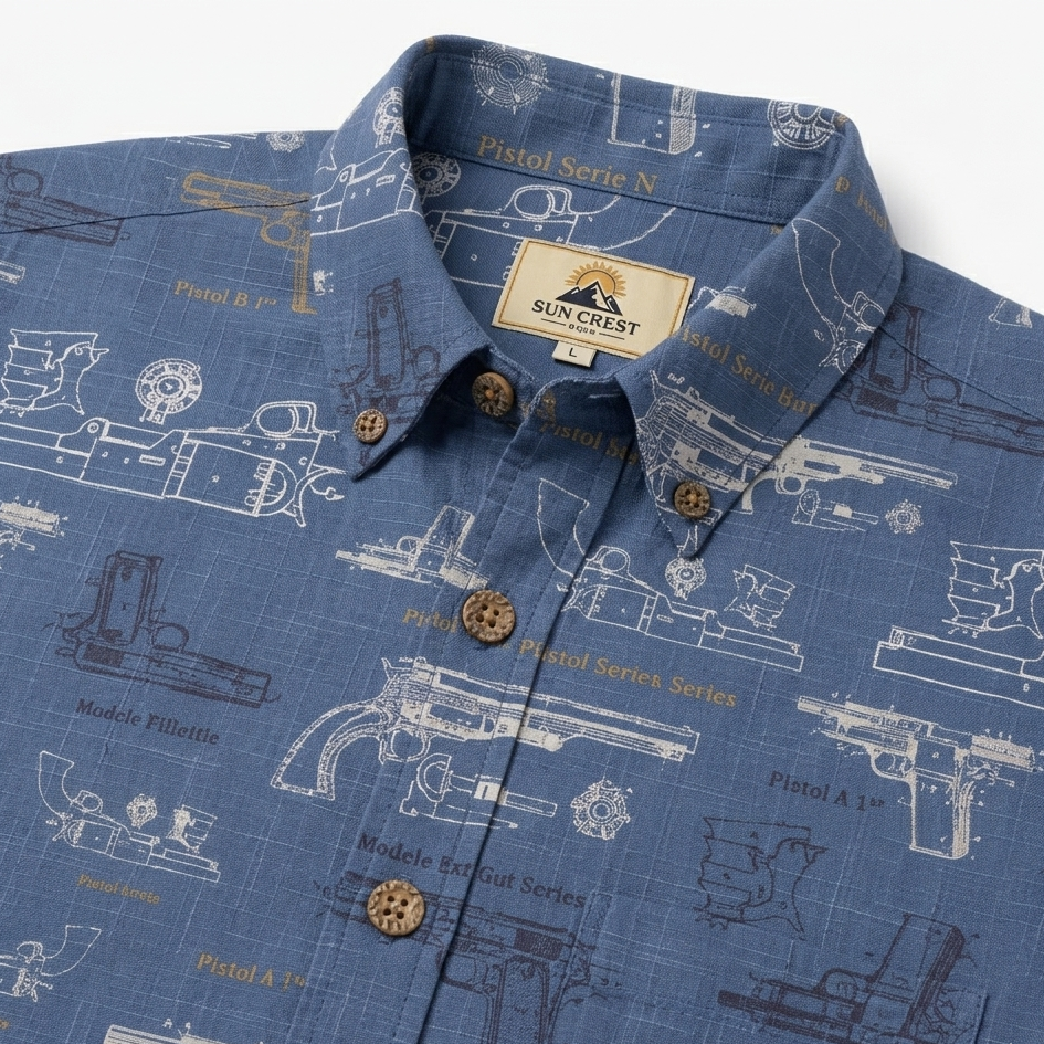 Vintage Firearm Schematic Print Resort Shirt – Indigo Blue