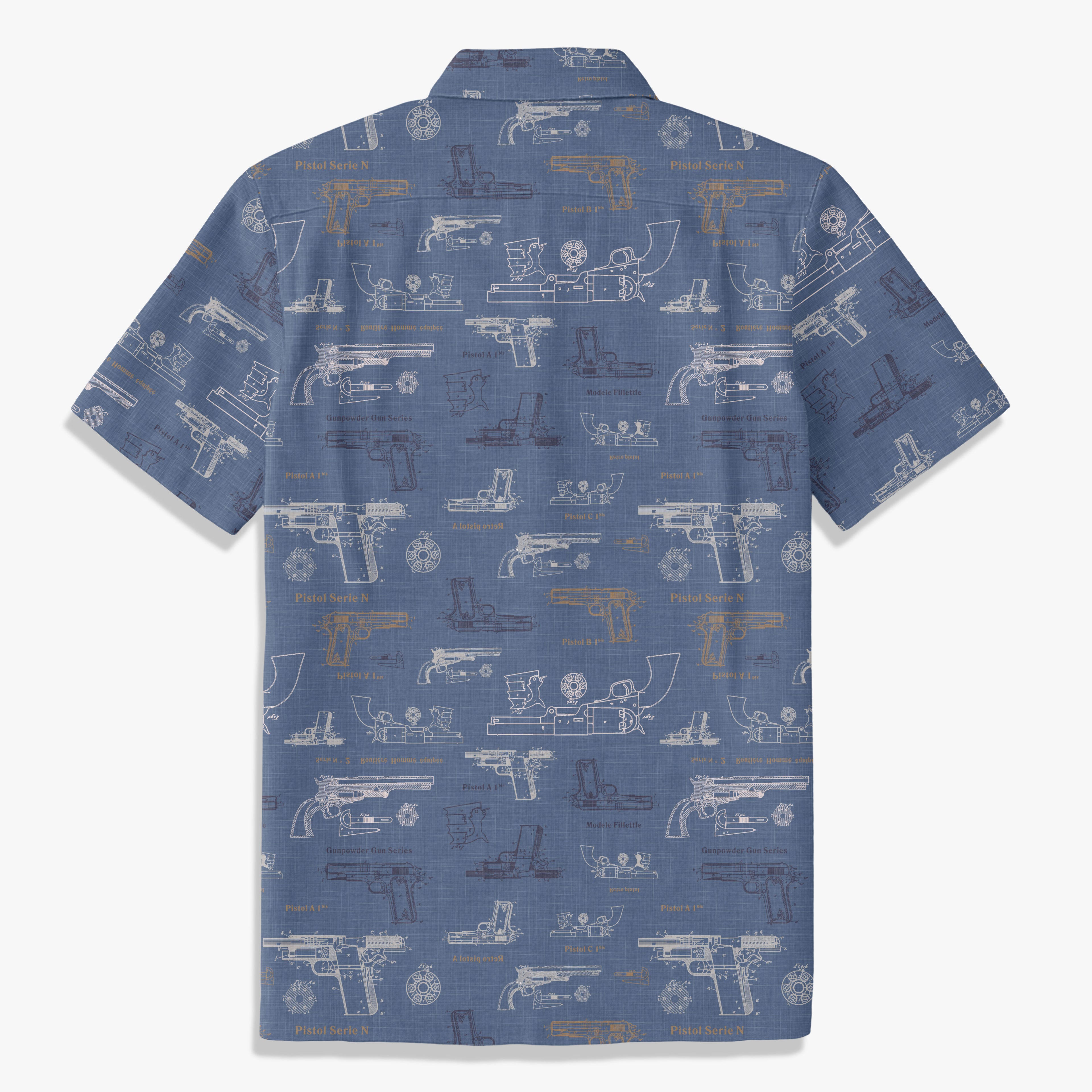 Vintage Firearm Schematic Print Resort Shirt – Indigo Blue