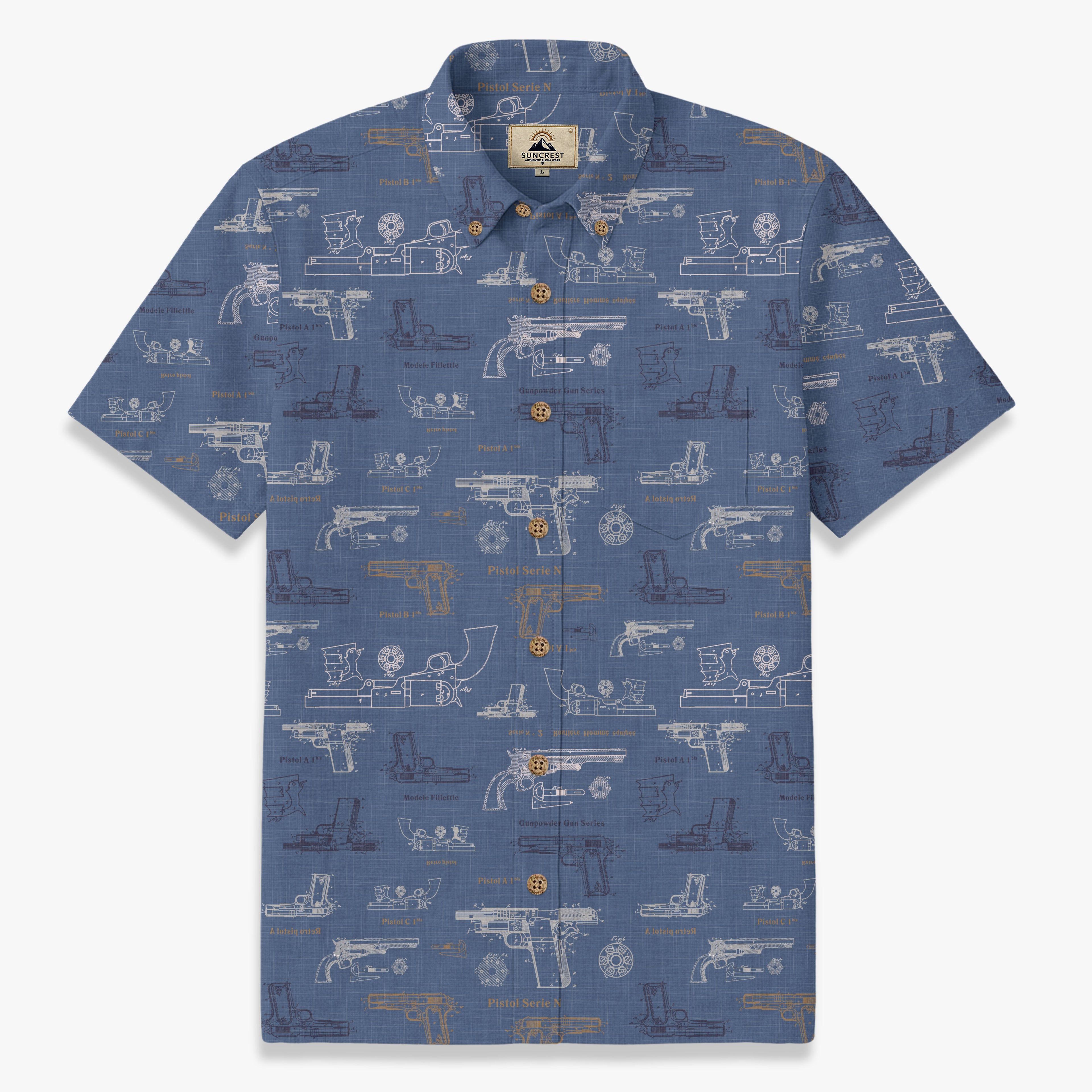 Vintage Firearm Schematic Print Resort Shirt – Indigo Blue