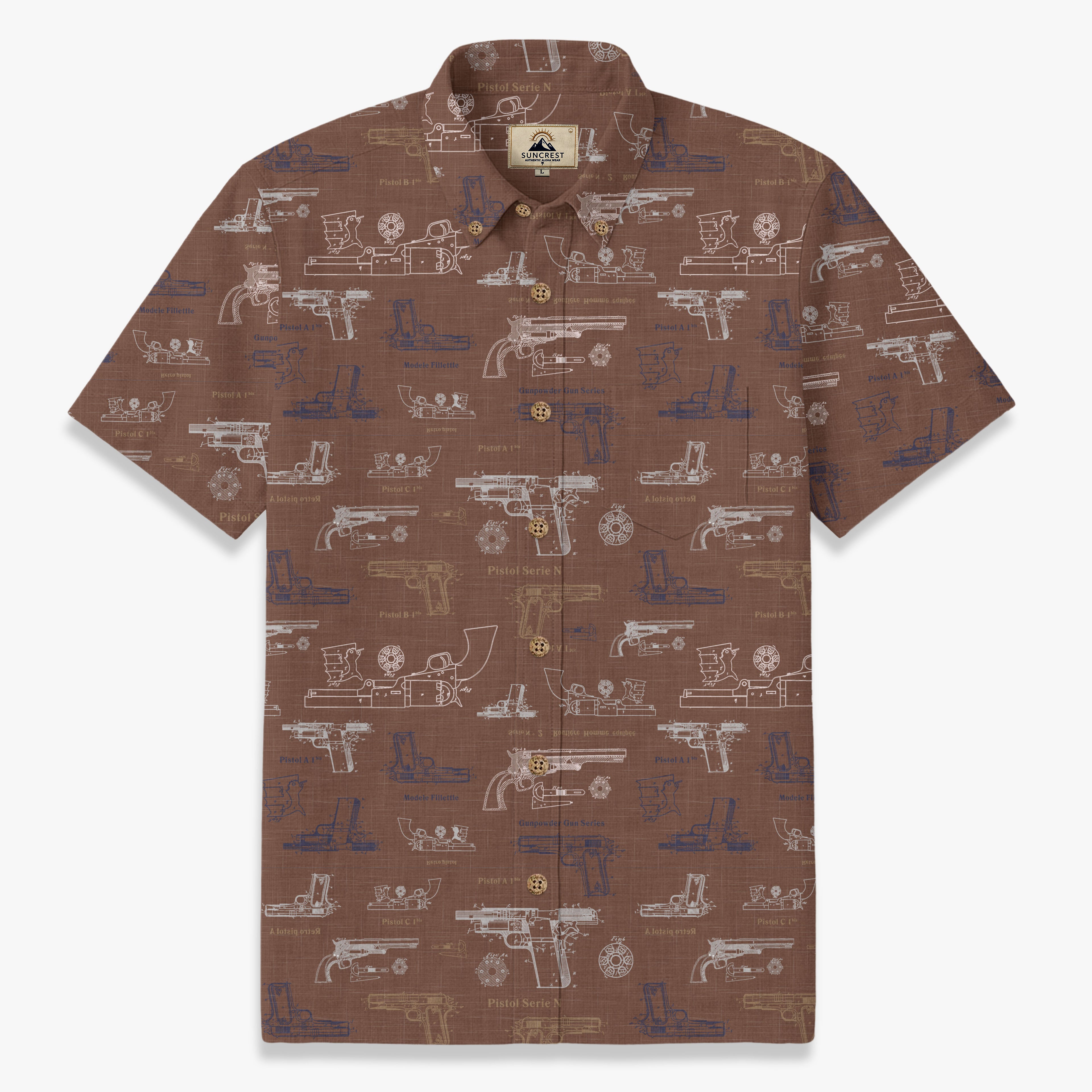 Vintage Firearm Schematic Print Resort Shirt – Indigo Blue