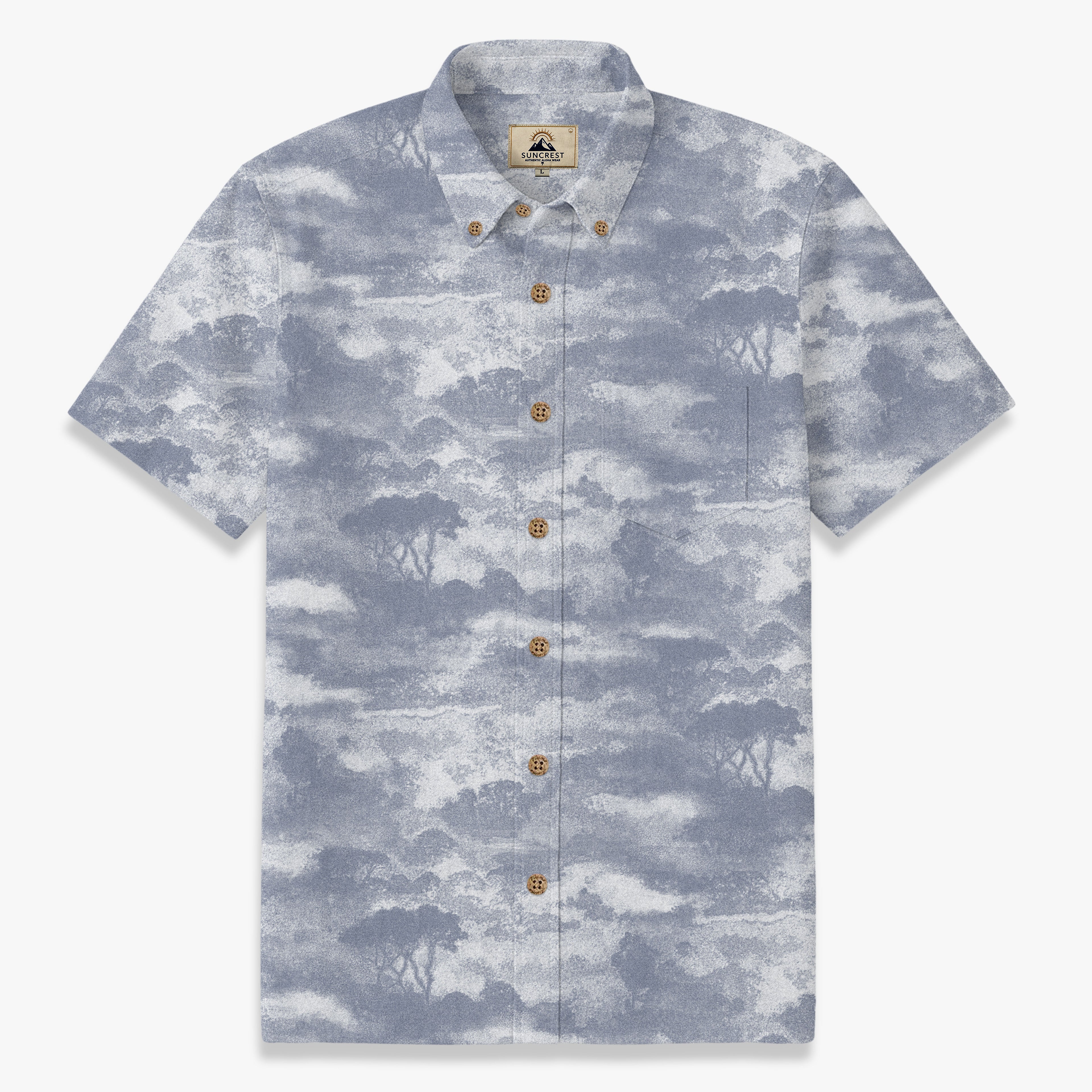 Men’s Blue Ink Wash Landscape Shirt – Vintage Artistic Summer Button Up