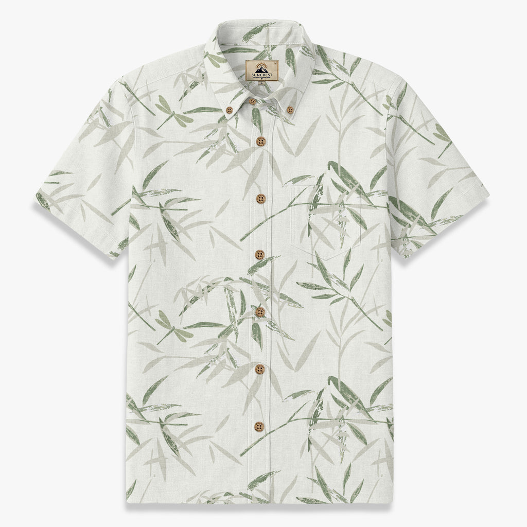 Men’s Bamboo Leaf Print Shirt – Japanese Minimal Summer Linen Style