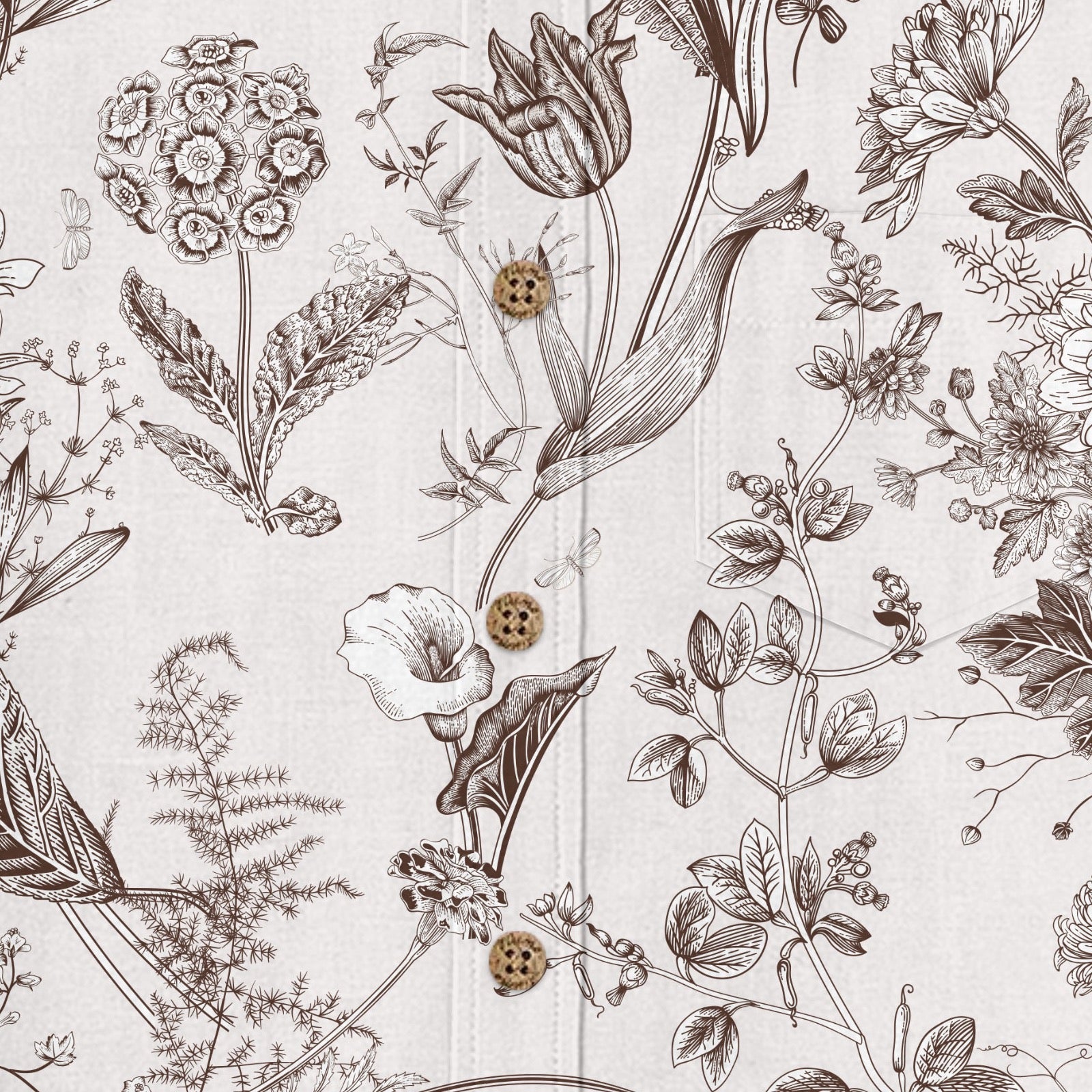 Vintage Botanical shirt buttons and fabric texture detail