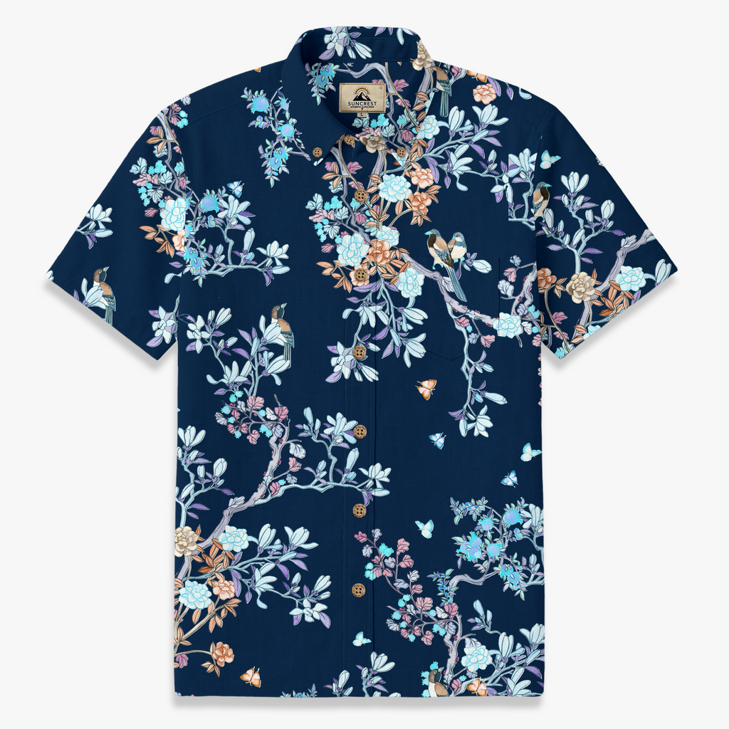 Navy Chinoiserie Bird & Floral Hawaiian Shirt – Hand-Drawn Oriental Aloha Shirt