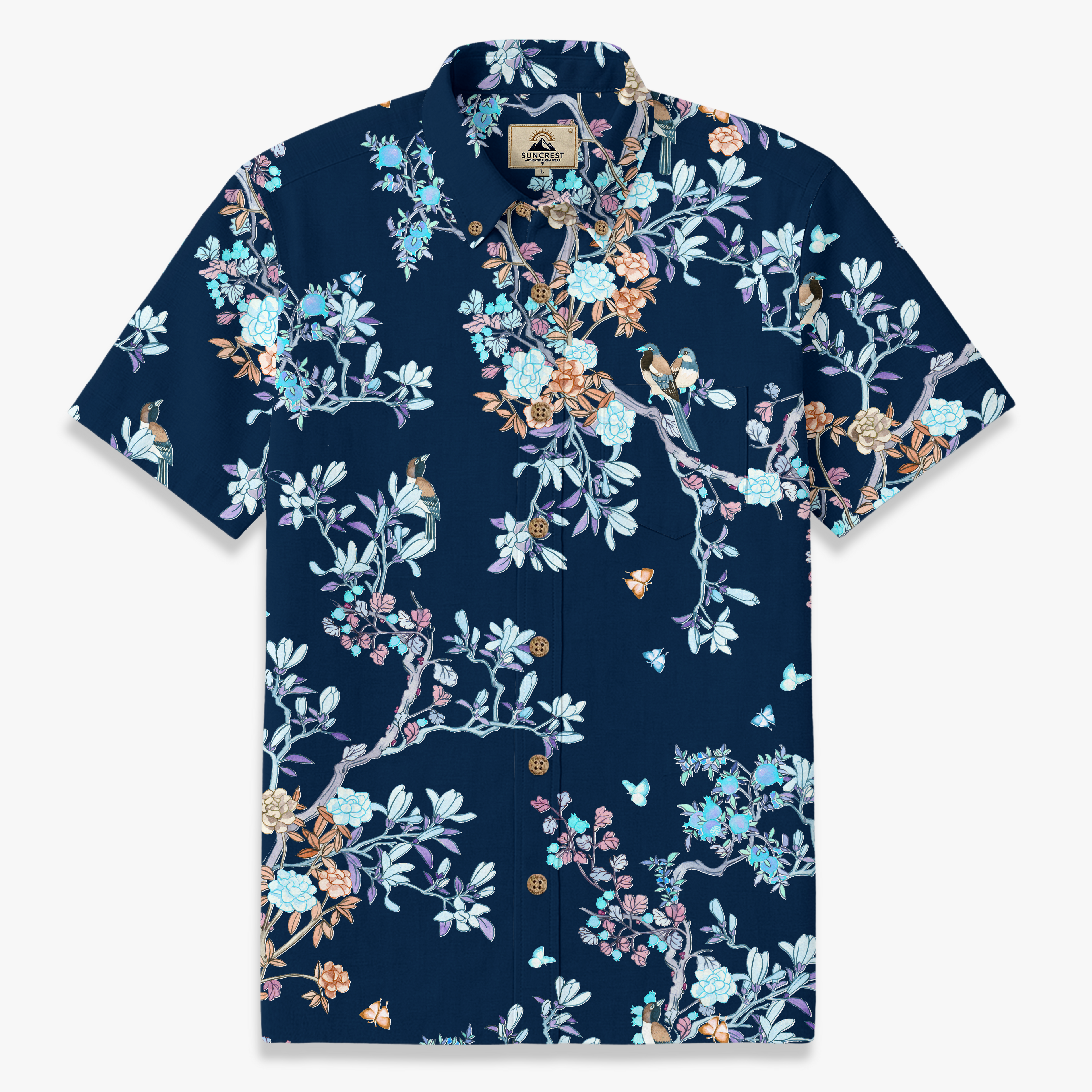 Navy Chinoiserie Bird & Floral Hawaiian Shirt – Hand-Drawn Oriental Aloha Shirt