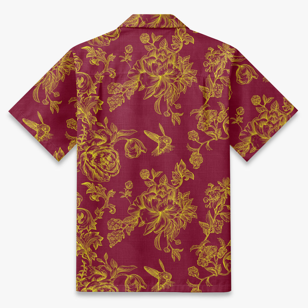 Engraved Hummingbird Garden Resort Shirt in Crimson Gold - back view