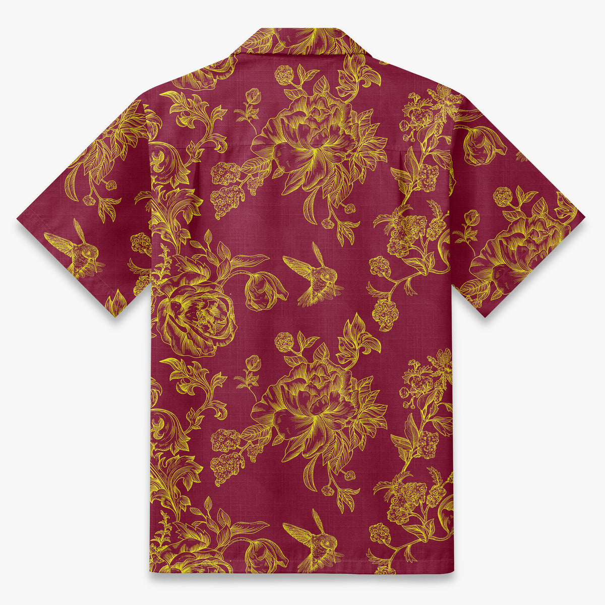 Engraved Hummingbird Garden Resort Shirt in Crimson Gold - back view
