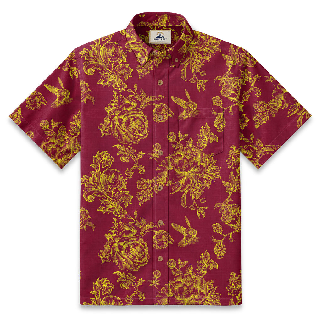 Engraved Hummingbird Garden Resort Shirt in Crimson Gold - front view