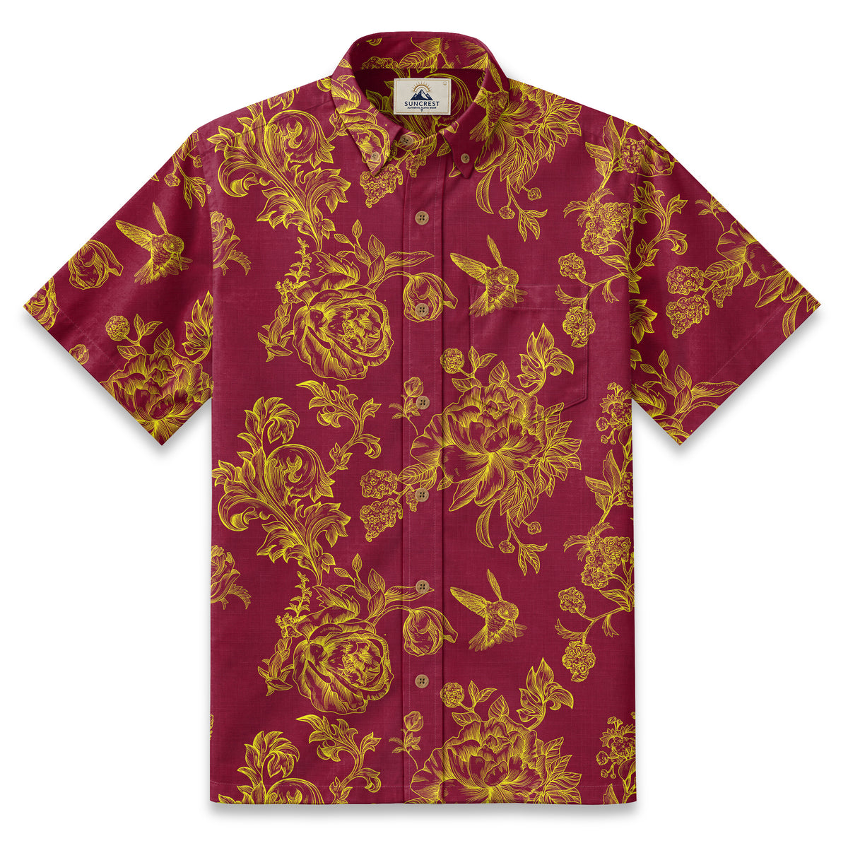 Engraved Hummingbird Garden Resort Shirt in Crimson Gold - front view
