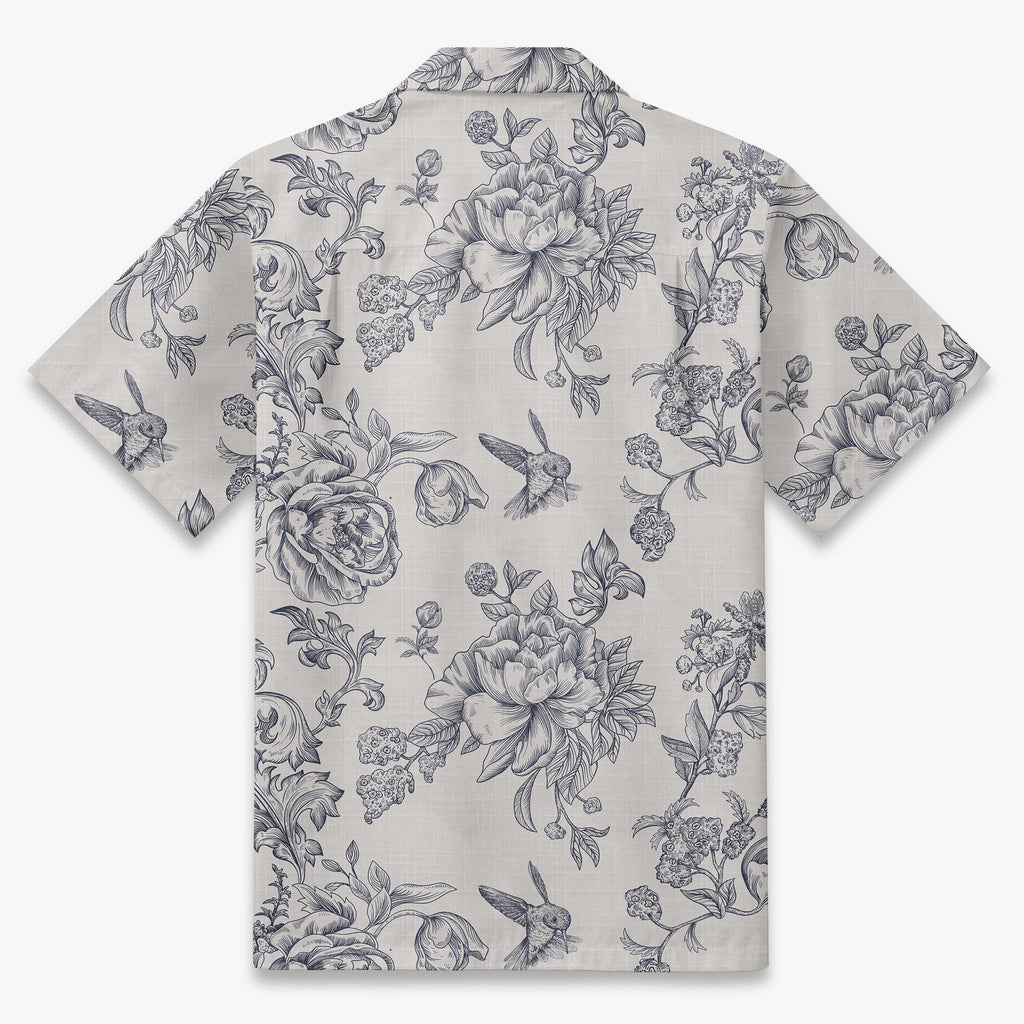 Engraved Hummingbird Garden Resort Shirt in Pearl Gray - back view