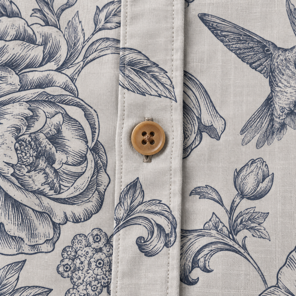 Engraved Hummingbird Garden Pearl Gray button and fabric texture detail visualization
