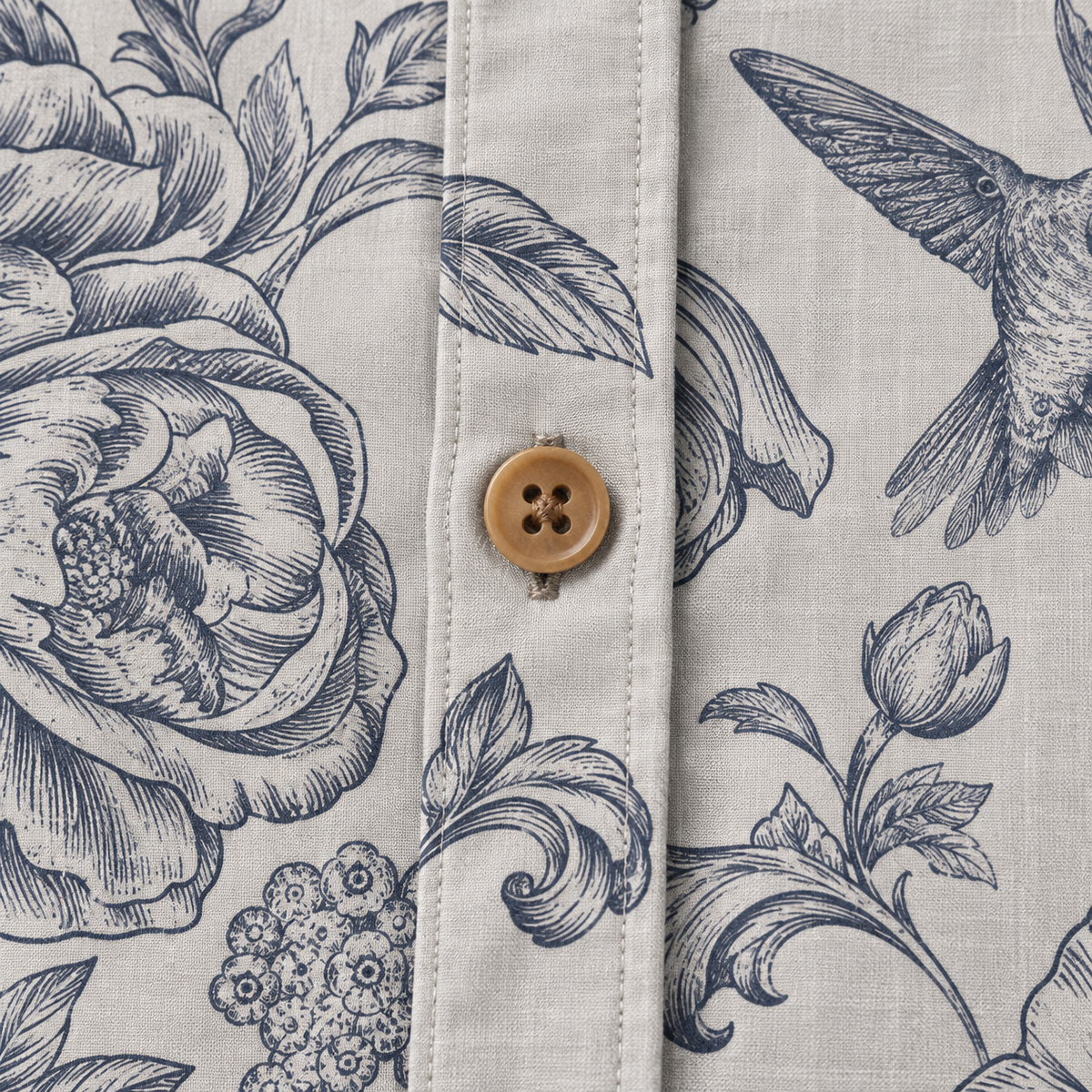 Engraved Hummingbird Garden Pearl Gray button and fabric texture detail visualization