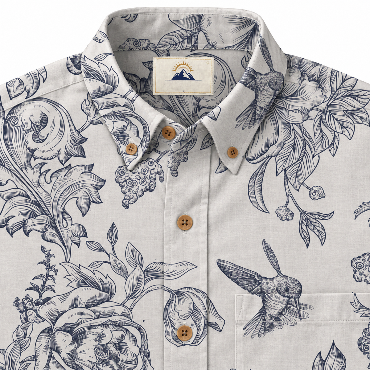 Engraved Hummingbird Garden Pearl Gray collar and placket detail visualization