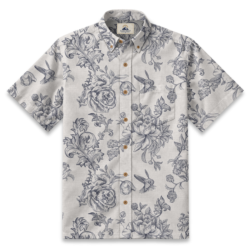 Engraved Hummingbird Garden Resort Shirt in Pearl Gray - front view