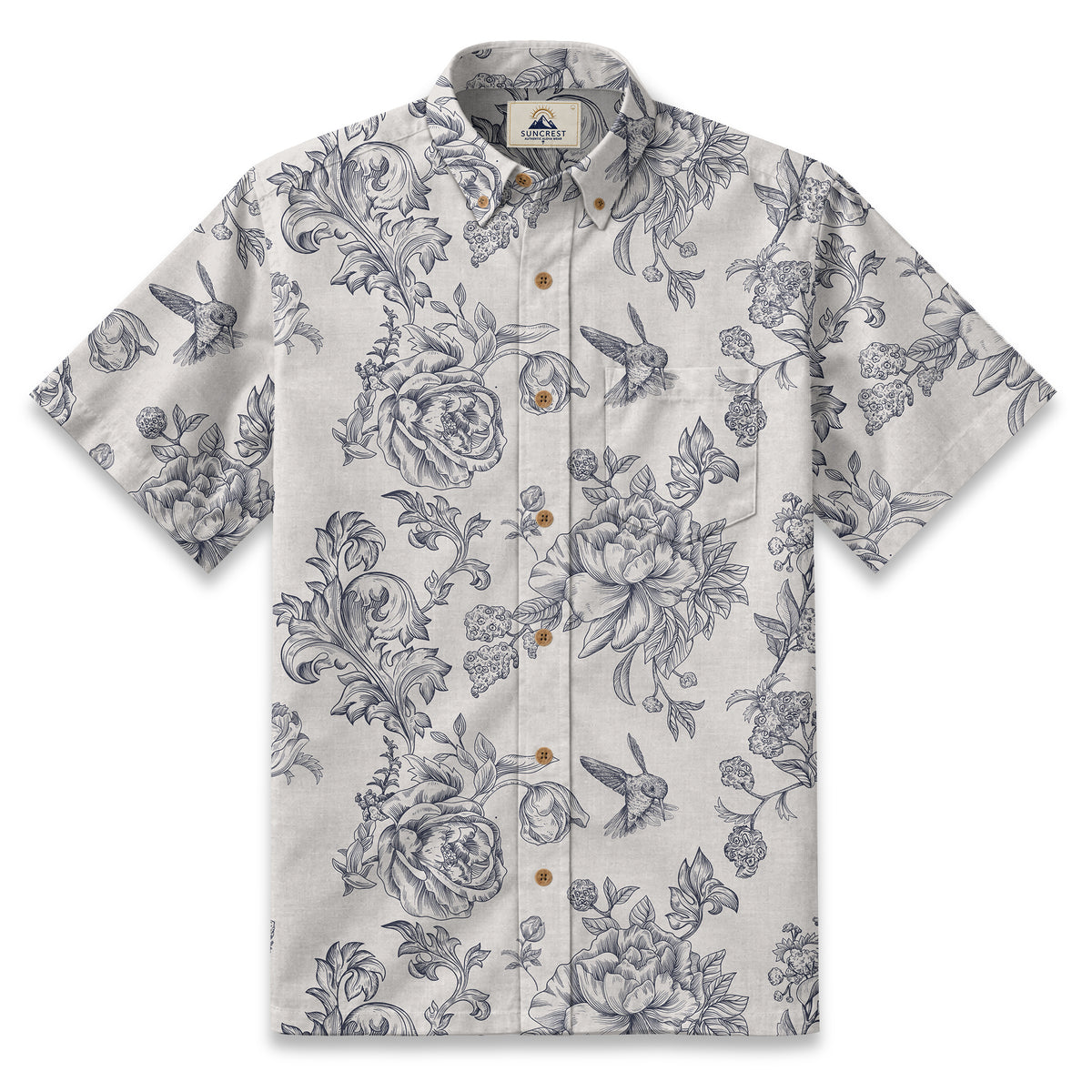 Engraved Hummingbird Garden Resort Shirt in Pearl Gray - front view