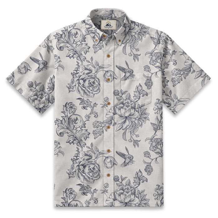 Engraved Hummingbird Garden Resort Shirt in Pearl Gray - front view