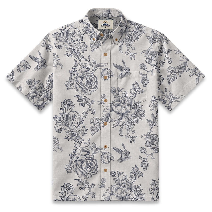 Engraved Hummingbird Garden Resort Shirt in Pearl Gray - front view