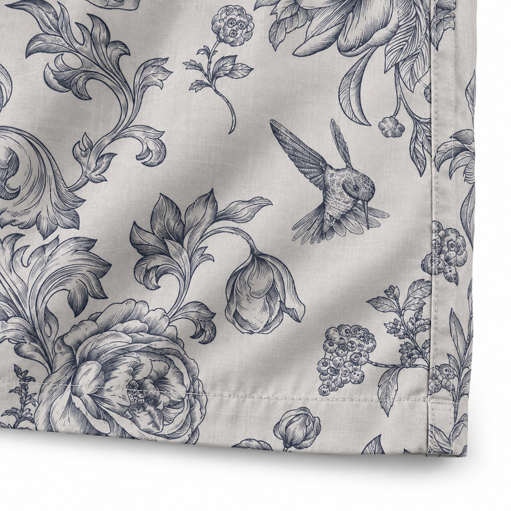 Engraved Hummingbird Garden Pearl Gray hem and side seam detail visualization