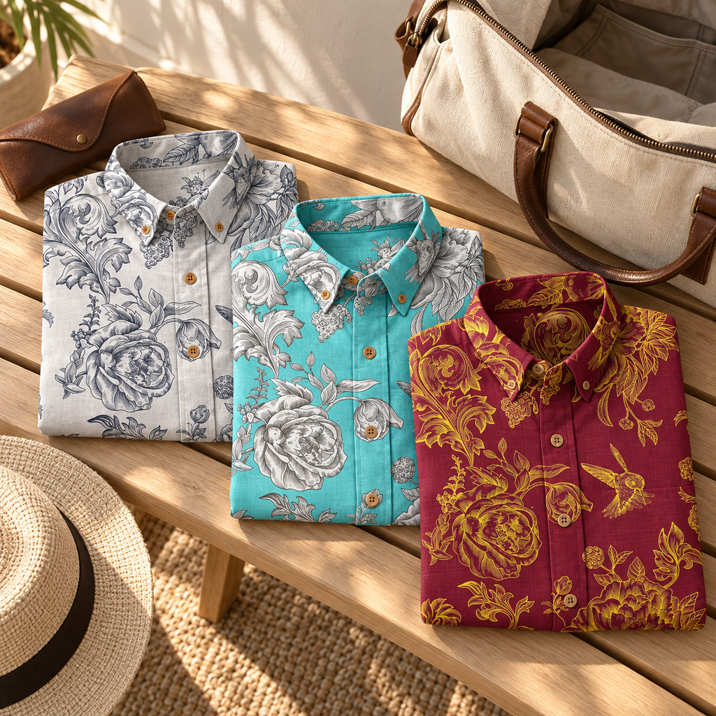 Engraved Hummingbird Garden Resort Shirt three-color travel flat-lay visualization
