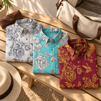Engraved Hummingbird Garden Resort Shirt three-color travel flat-lay visualization