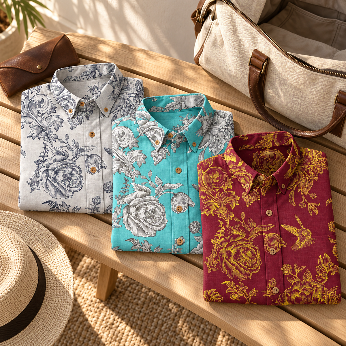 Engraved Hummingbird Garden Resort Shirt three-color travel flat-lay visualization