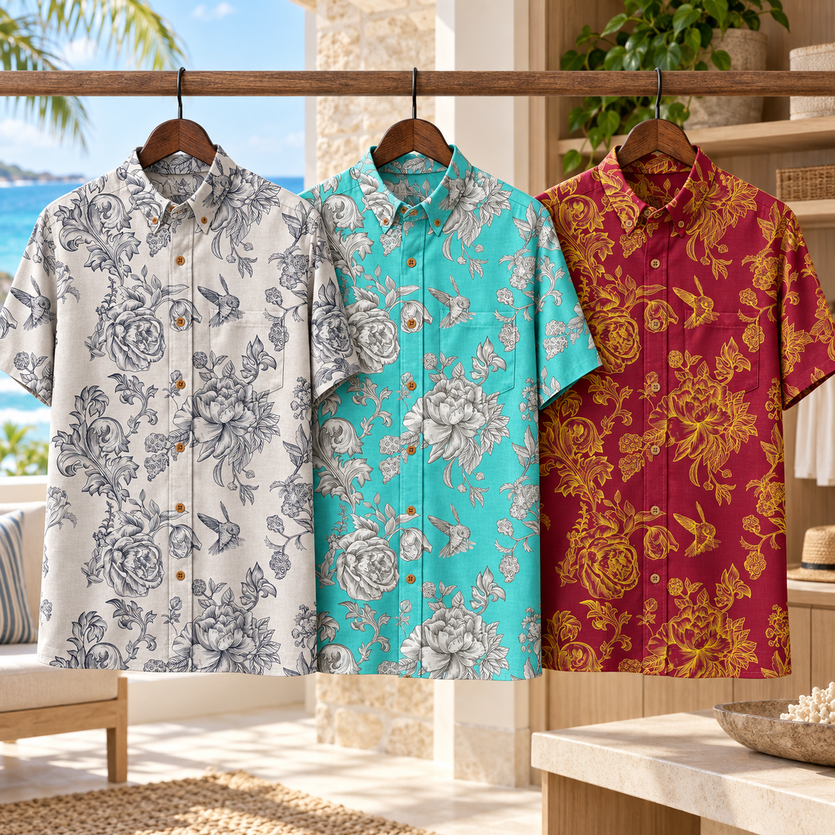 Engraved Hummingbird Garden Resort Shirt three-color wardrobe visualization
