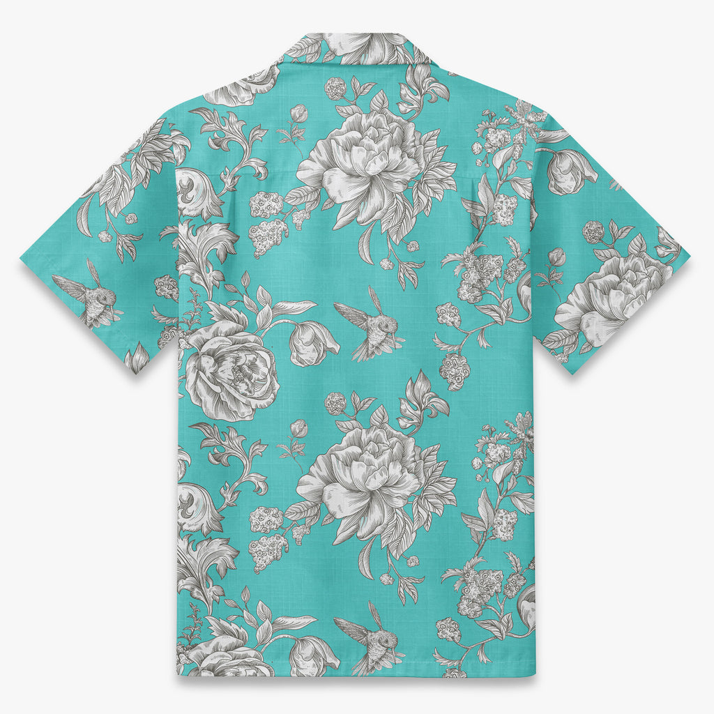 Engraved Hummingbird Garden Resort Shirt in Turquoise Blue - back view