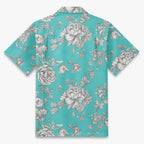 Engraved Hummingbird Garden Resort Shirt in Turquoise Blue - back view