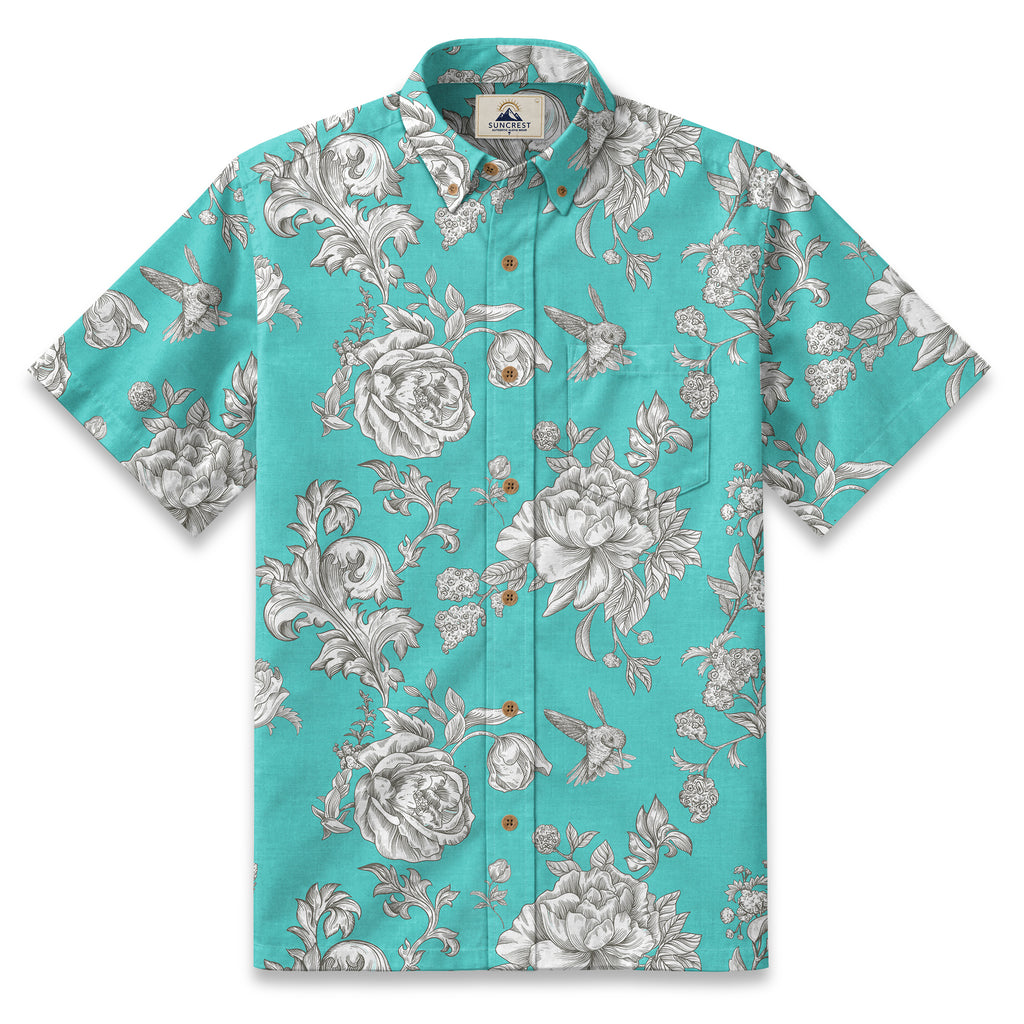 Engraved Hummingbird Garden Resort Shirt in Turquoise Blue - front view