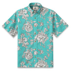 Engraved Hummingbird Garden Resort Shirt in Turquoise Blue - front view