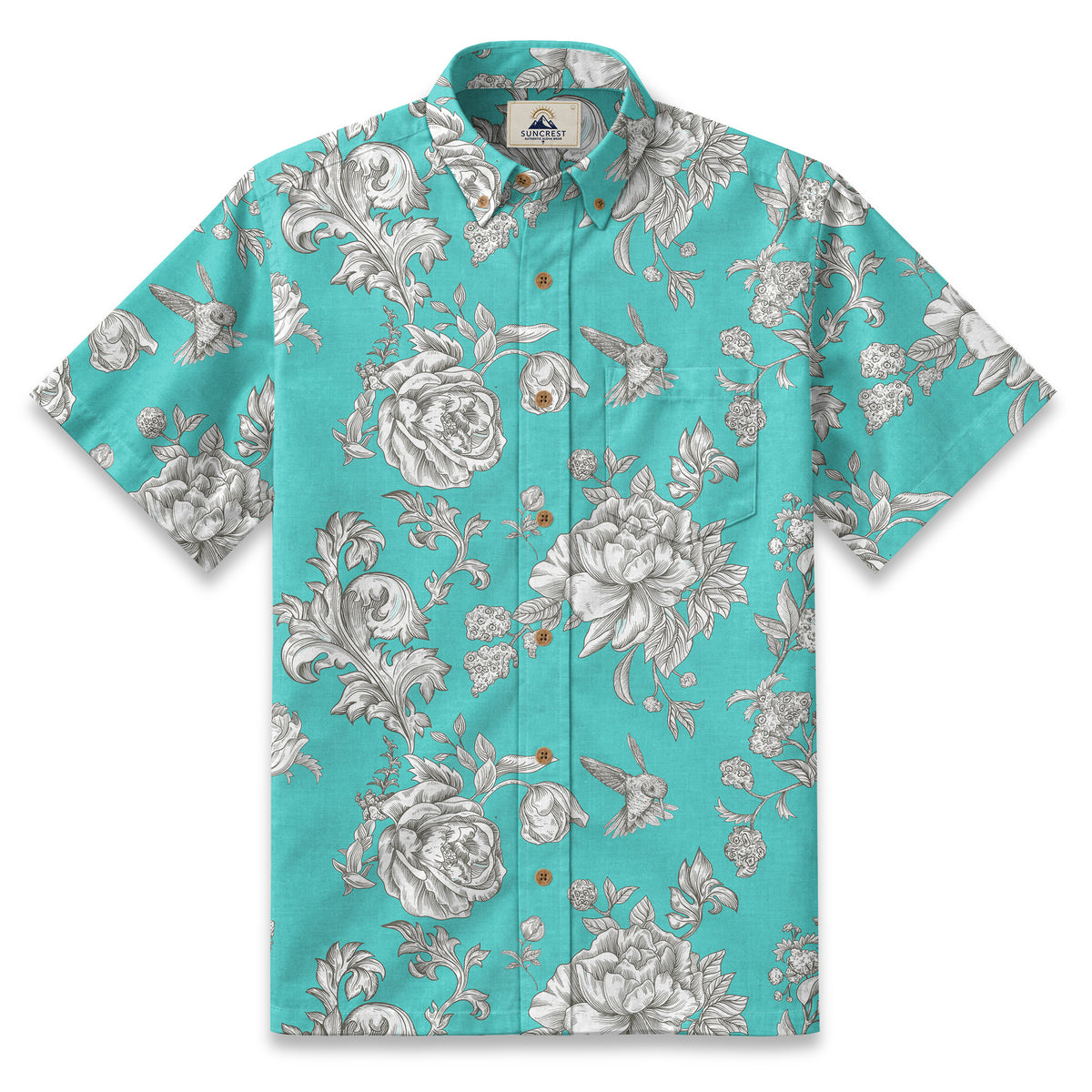 Engraved Hummingbird Garden Resort Shirt in Turquoise Blue - front view