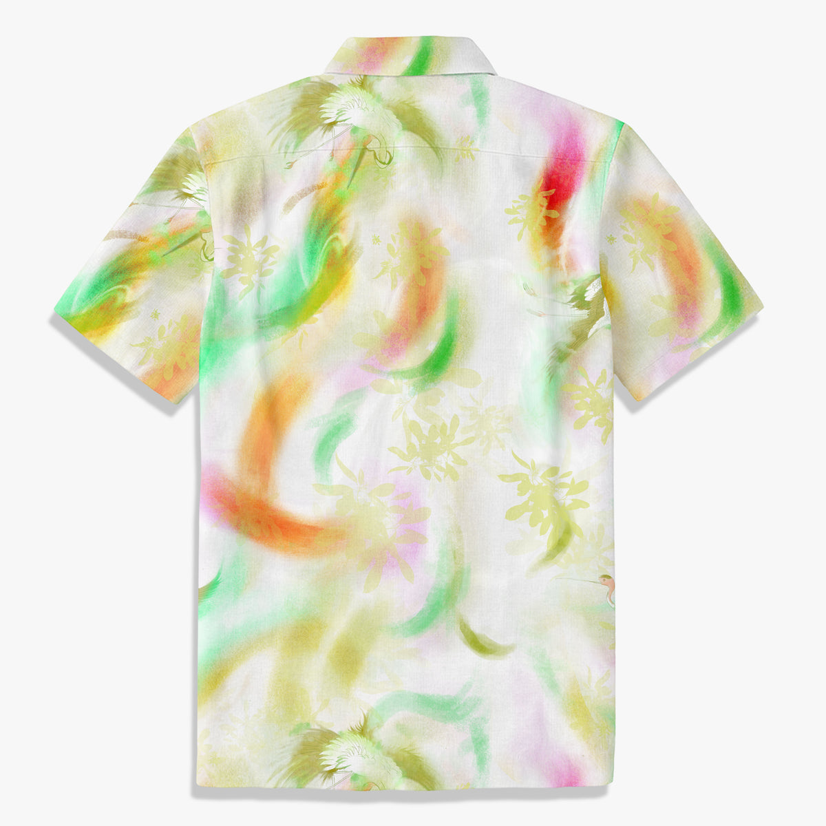 Back view of Golden Crane Mist Hawaiian shirt in Colorful Texture