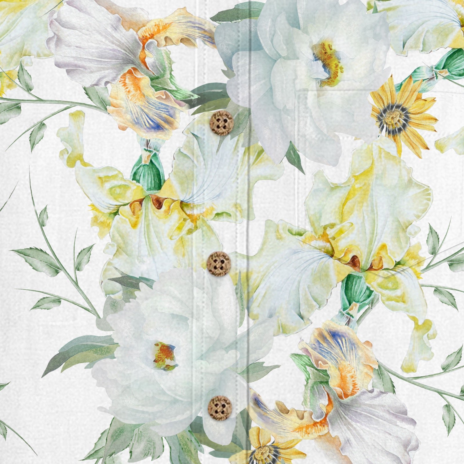 Iris and Peony Garden Hawaiian Shirt for Men buttons and fabric texture detail
