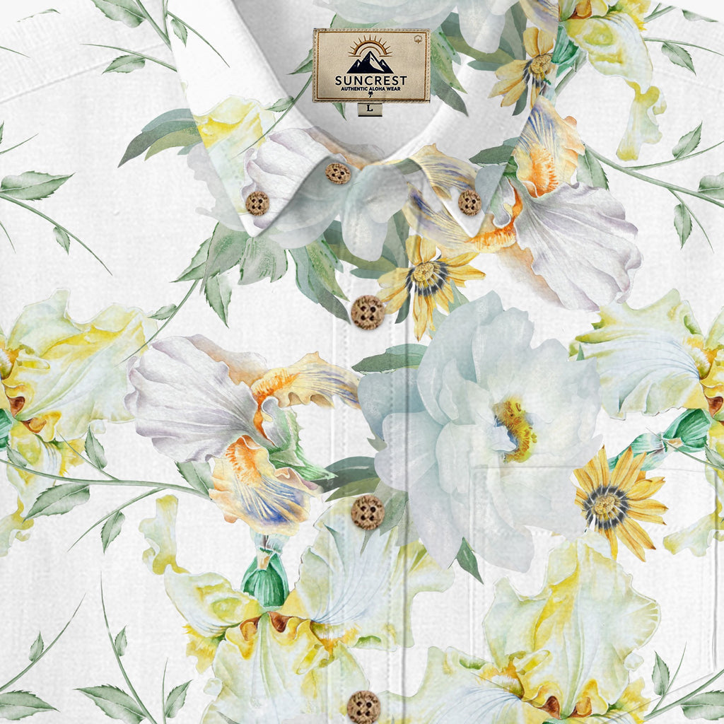 Iris and Peony Garden Hawaiian Shirt for Men collar label and placket detail