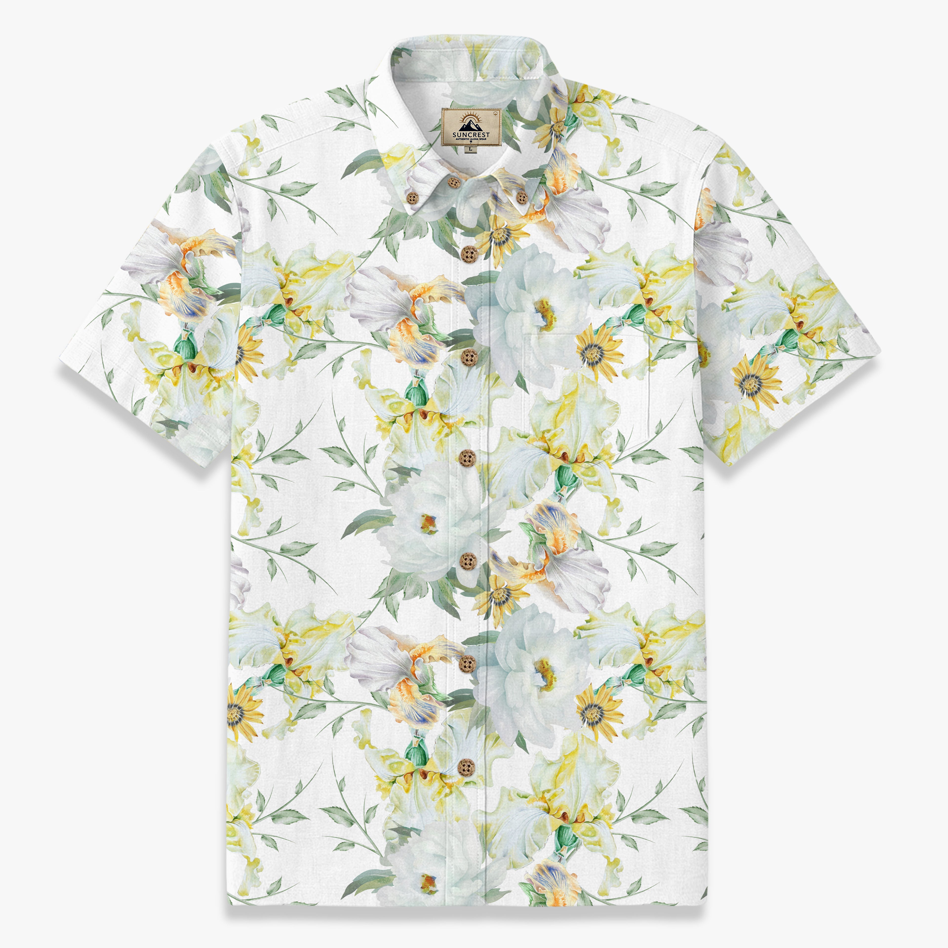 Iris and Peony Garden Hawaiian Shirt for Men front view