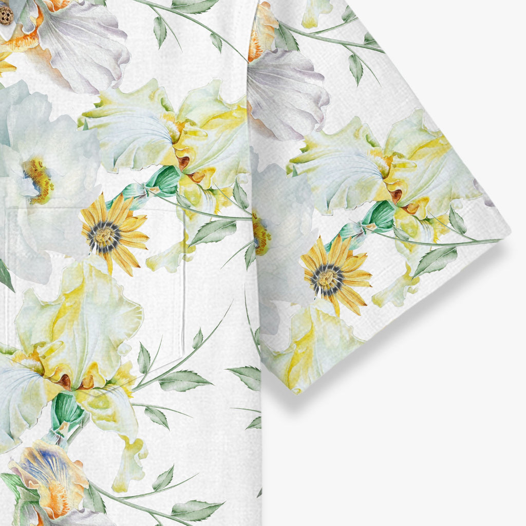 Iris and Peony Garden Hawaiian Shirt for Men sleeve and fabric detail