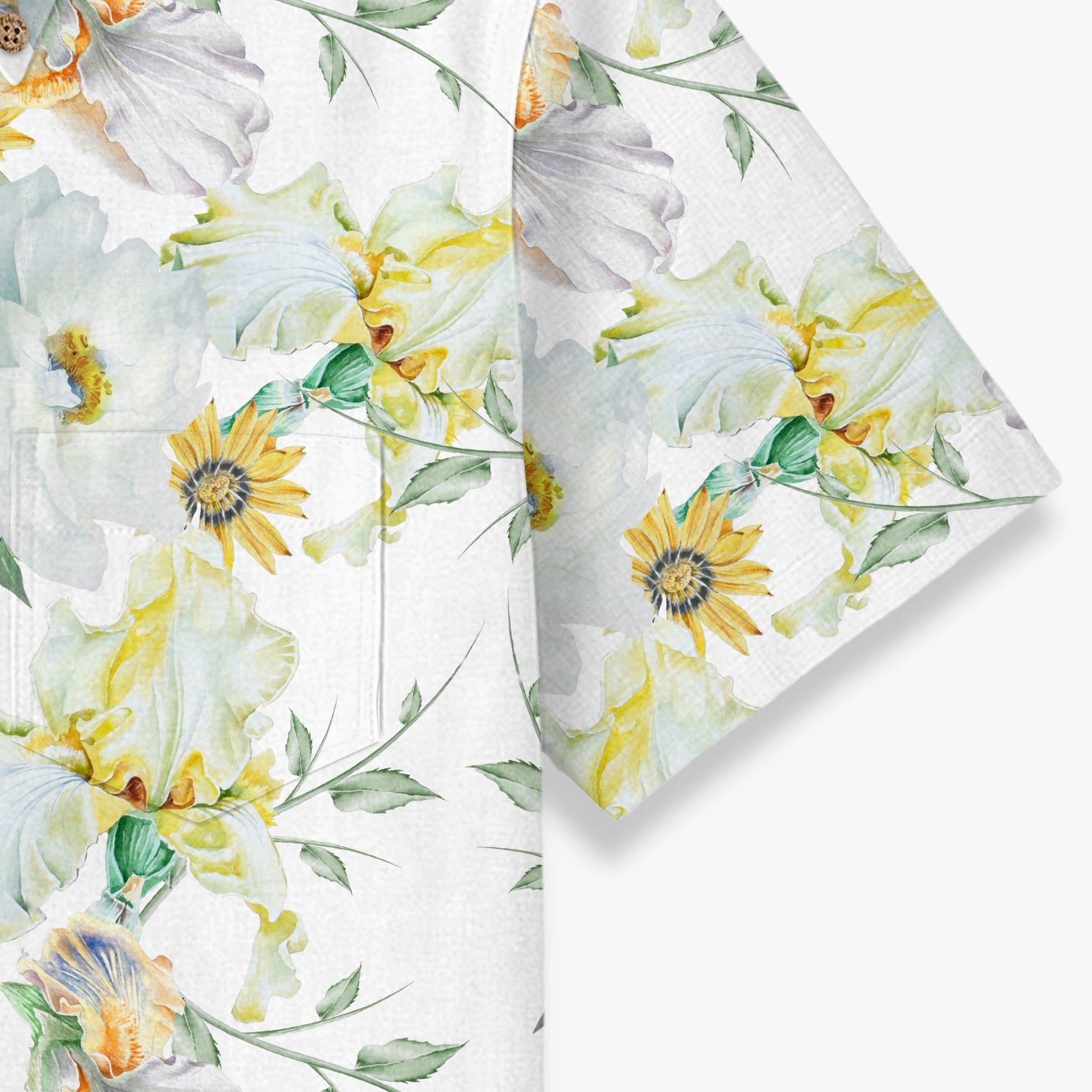 Iris and Peony Garden Hawaiian Shirt for Men sleeve and fabric detail